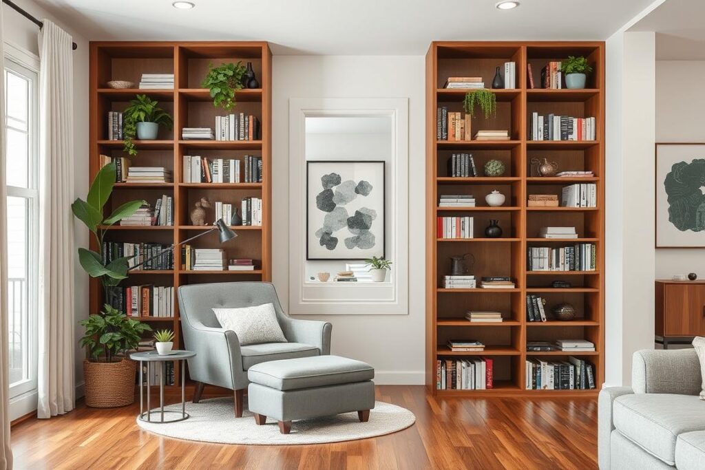 Reading nook created with bookshelf room divider in open floor plan