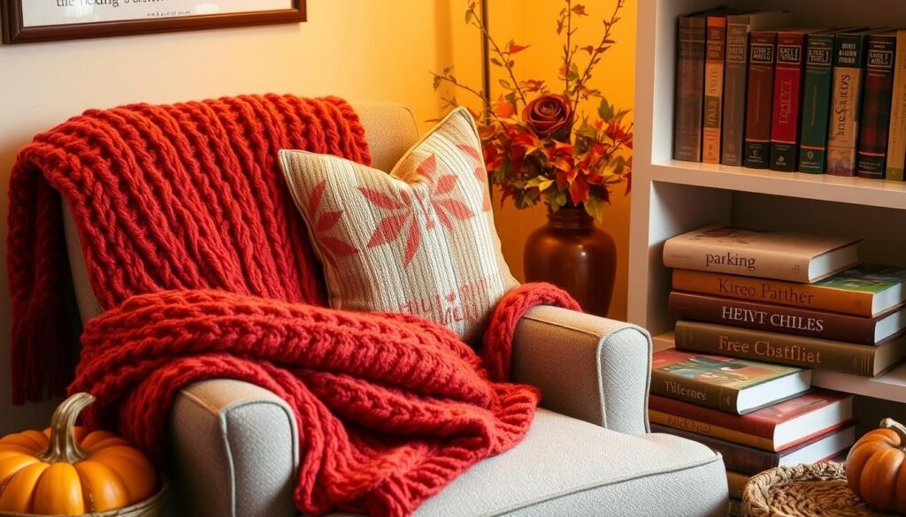 Reading nook decorated for fall with warm colors and textures