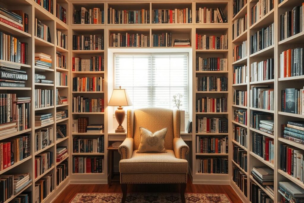 Reading nook with integrated bookshelves surrounding a comfortable chair