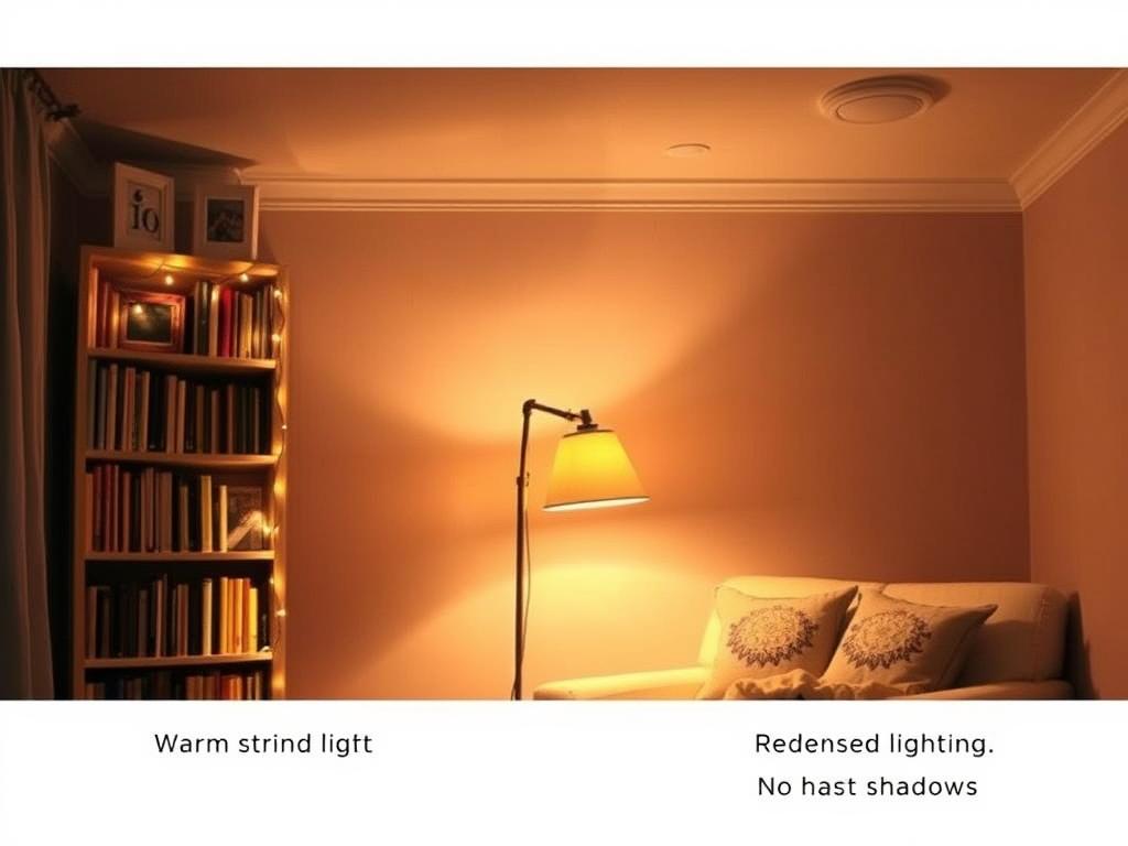 Reading nook with layered lighting including string lights and lamp