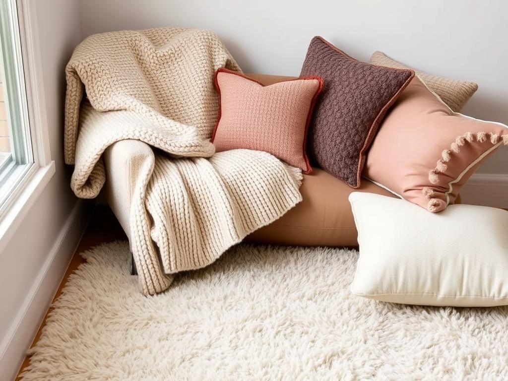 Reading nook with multiple textures including throw blanket, pillows and rug