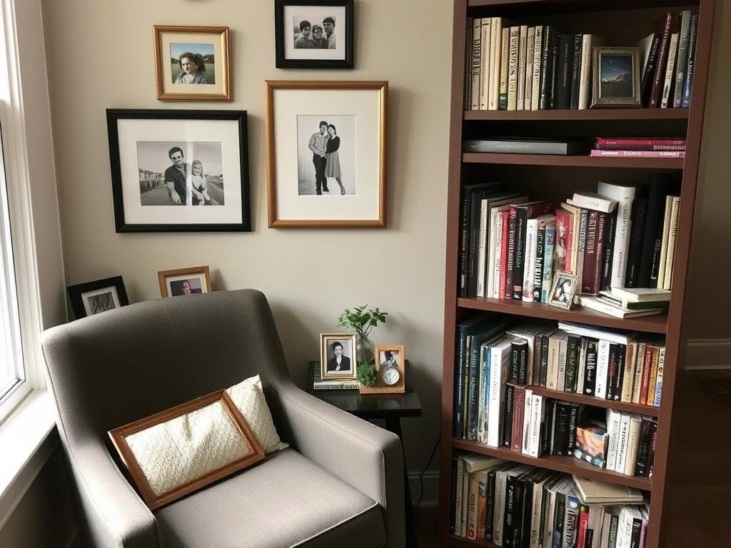 Reading nook with personal items like framed photos and mementos