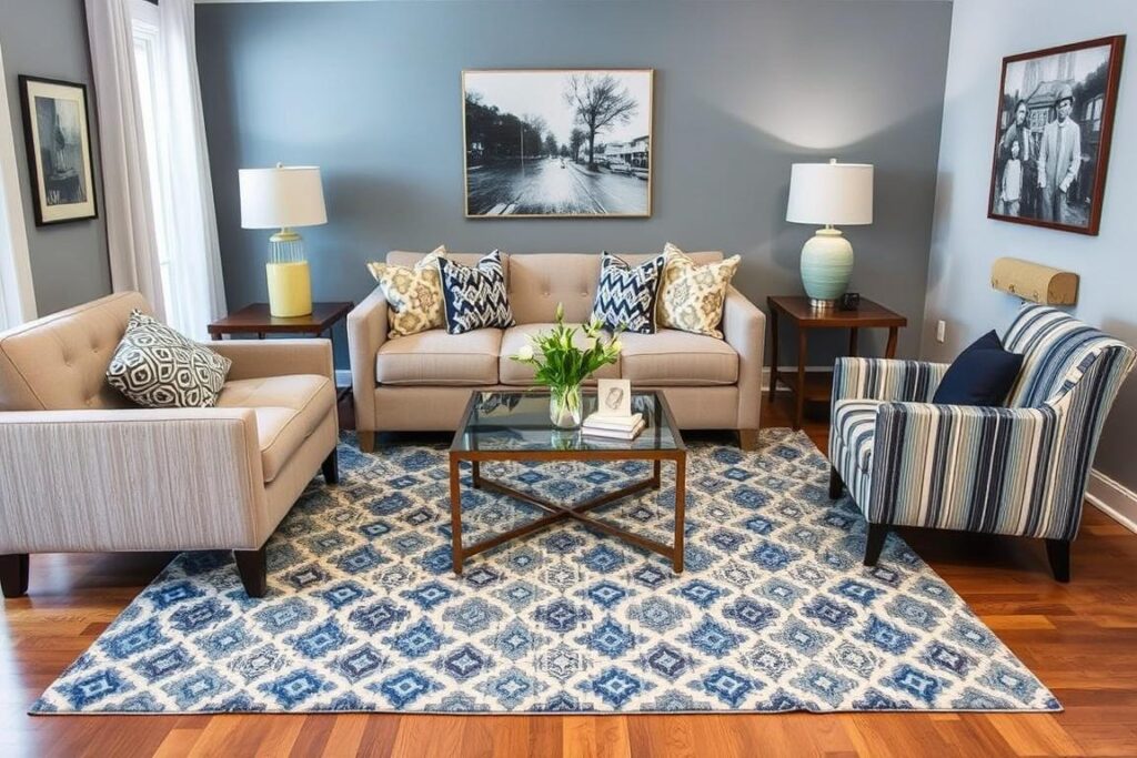 Room showing how a patterned rug anchors and coordinates with other patterns in the space Room showing how a patterned rug anchors and coordinates with other patterns in the space