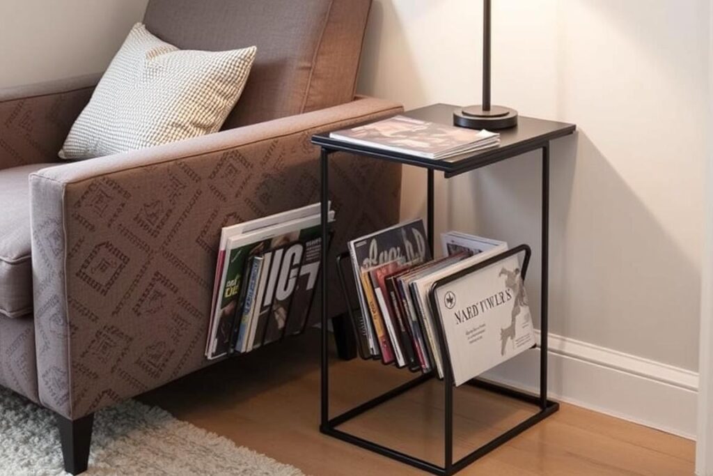 Side table with integrated magazine rack next to reading chair