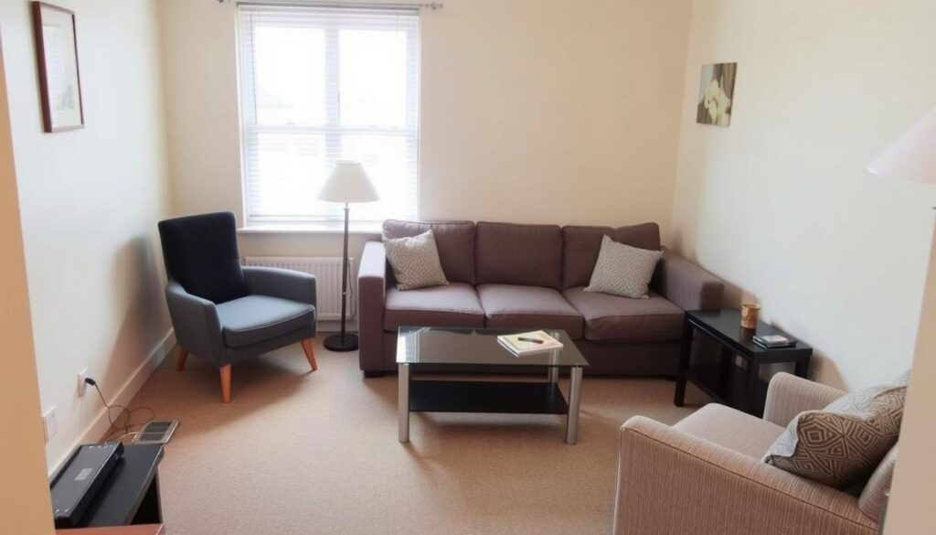 Small room with appropriately scaled furniture that makes the space look bigger Small room with appropriately scaled furniture that makes the space look bigger