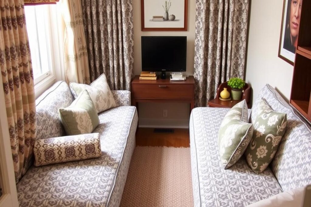 Small room with carefully balanced patterns that don't overwhelm the space Small room with carefully balanced patterns that don't overwhelm the space