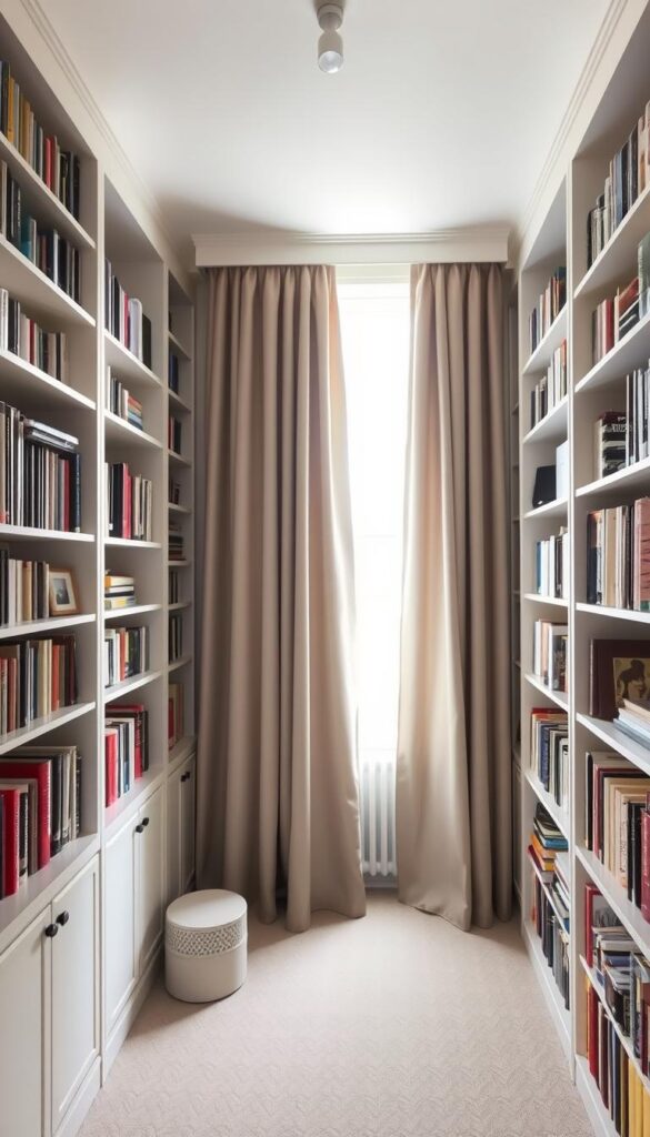 Small room with floor-to-ceiling bookshelves that draw the eye upward Small room with floor-to-ceiling bookshelves that draw the eye upward
