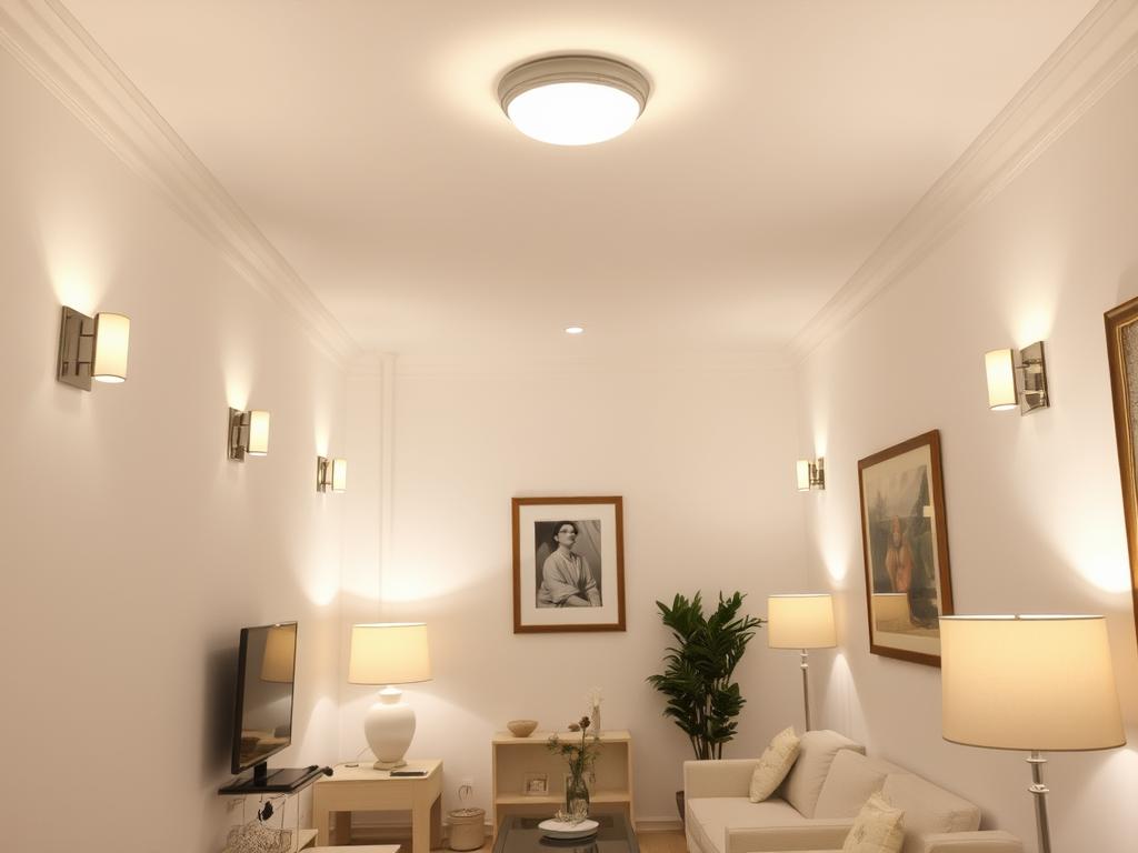 Small room with multiple light sources that eliminate shadows and make the space look bigger Small room with multiple light sources that eliminate shadows and make the space look bigger