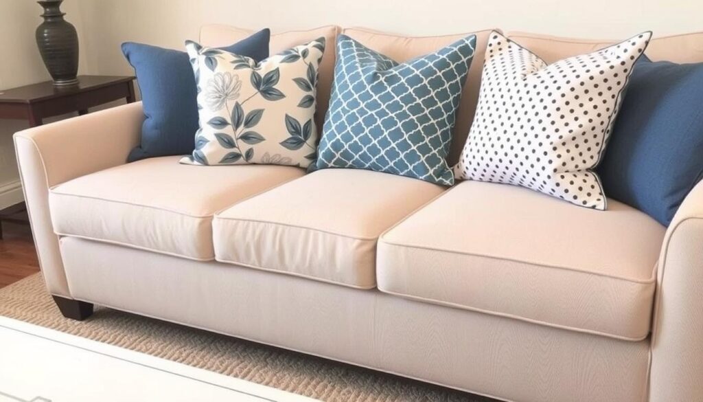 Sofa with expertly mixed patterned pillows showing scale variation and color coordination Sofa with expertly mixed patterned pillows showing scale variation and color coordination