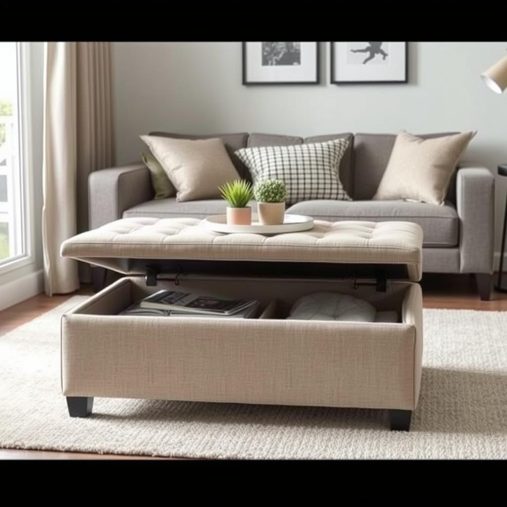 Storage ottoman that serves as both seating and storage in a small room Storage ottoman that serves as both seating and storage in a small room