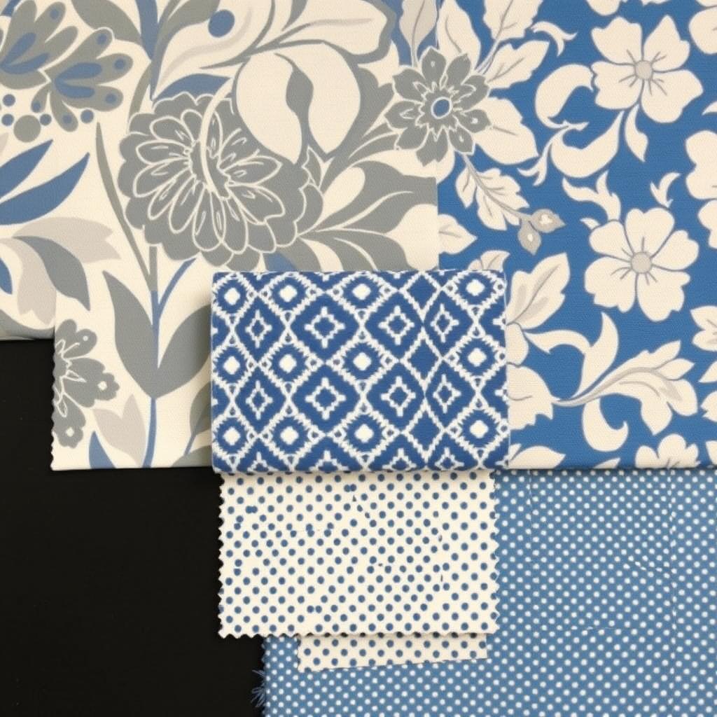 Three fabric swatches showing large, medium, and small scale patterns that work well together Three fabric swatches showing large, medium, and small scale patterns that work well together