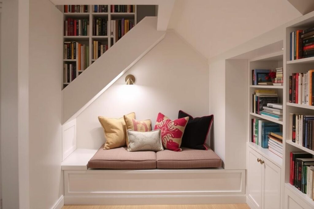 Under-stairs reading nook with built-in bench and bookshelves