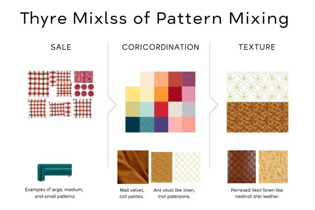 Visual diagram showing the three core principles of pattern mixing: scale, color coordination, and texture Visual diagram showing the three core principles of pattern mixing: scale, color coordination, and texture