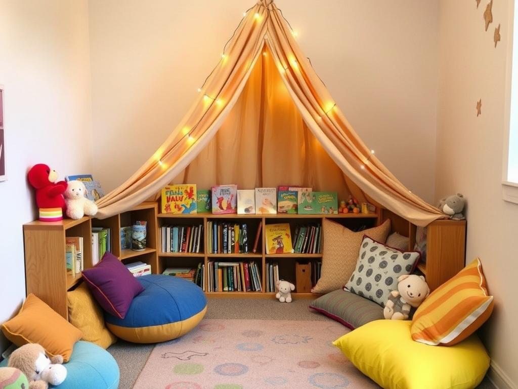 Whimsical children's reading nook with tent and floor cushions