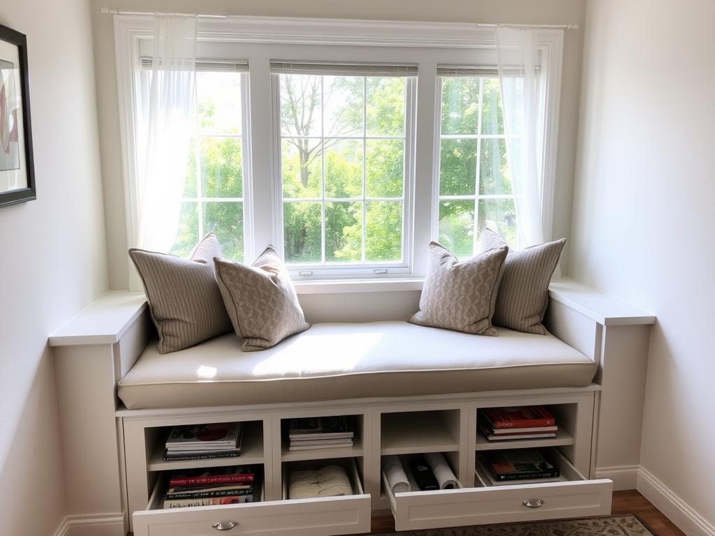 Window seat reading nook with storage underneath and natural light