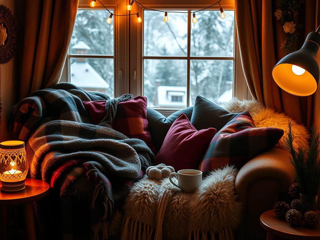 Winter reading nook with thick blankets and warm lighting